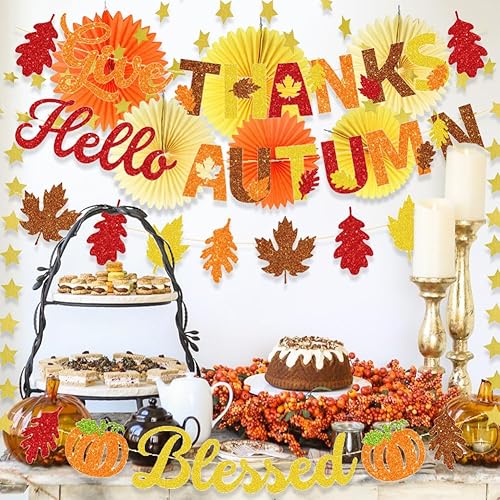 Miniatura 3 de El juego de decoraciones de fiesta de otoño incluye hojas de arce de otoño, abanicos de papel, pancarta de otoño, telón de fondo, guirnalda de