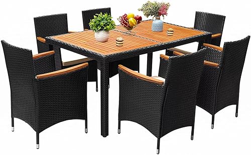 Flamaker Muebles de patio de 3 piezas para exteriores juego de comedor de mimbre para patio mesa y sillas de acacia con cojín para terraza patio