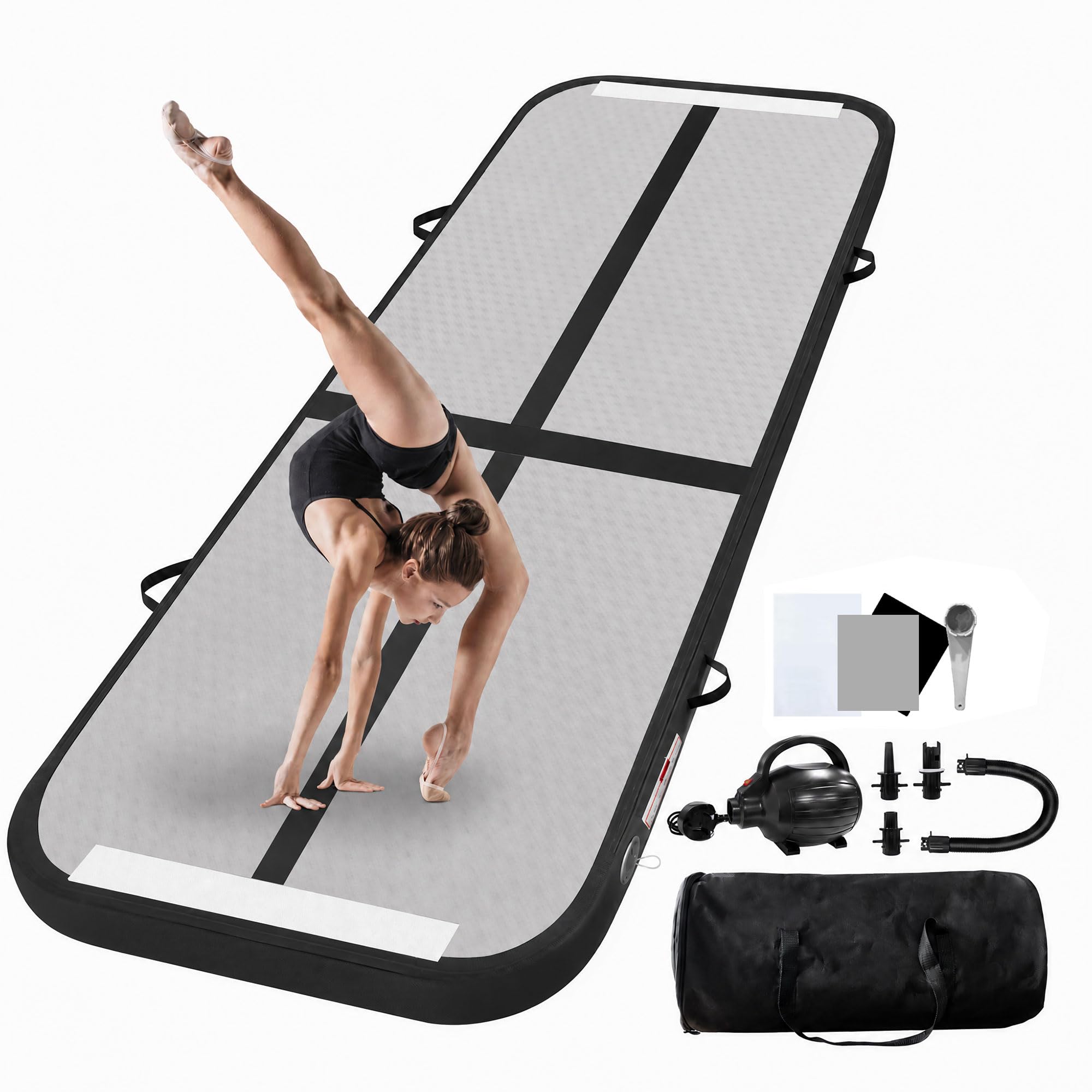 Colchoneta inflable de gimnasia, 2 m, 3 m, 4 m, 5 m, 6 m, 10 cm de altura, con bomba de aire, para uso familiar, yoga, agua, danza, 3 m x 1 m x 20 cm, color negro