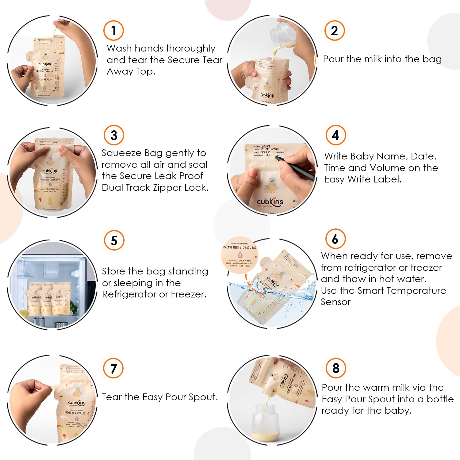 CUBKINS Breast Milk Storage Bags (Pack of 25), Pre-Sterilized, Smart Temp Sensor, BPA Free, Single Use, Leak Proof Double Zip, Separate Fill & Pour Spouts, 250 ml Capacity, Marker Included,Beige - Image 7 thumbnail