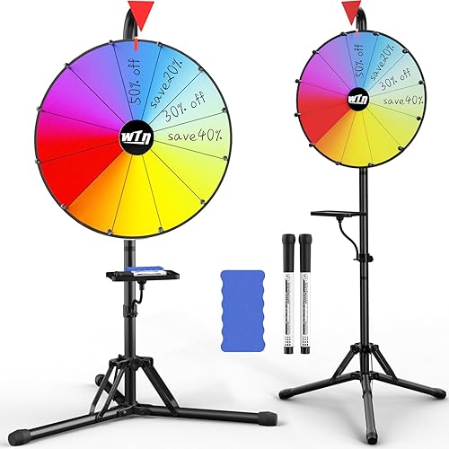 16” Prize Wheel, Ajustable 36"-64" Height Spin Doodle Game, Folding Tripod Floor Stand Wheel Spinner with Tray Dry Erase Markers & Eraser, Wheel of Fortune Game for Carnival Trade Show, 12 Colors
