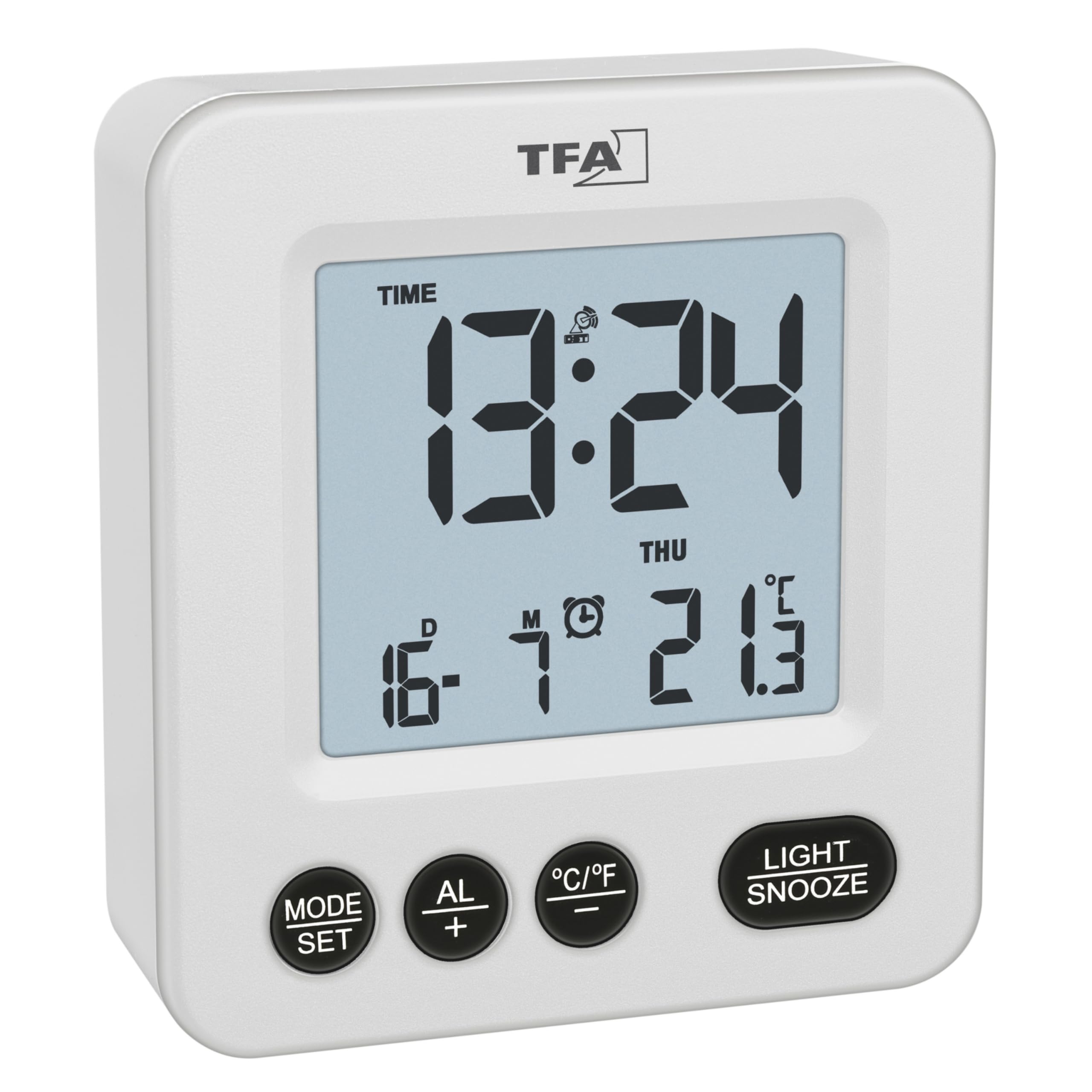 TFA Dostmann Mini 60.2567 Digital Wireless Alarm Clock, Battery Operated, Indoor Temperature, Time Zone Setting, Individual Snooze Duration, Day of the Week