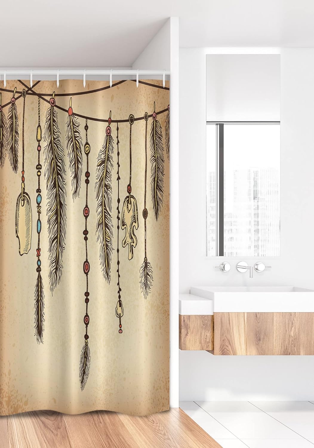 Ambesonne Tribal Stall Shower Curtain, Bohemian Hair Accessories Bird Feathers Beads on String Sketch Digital Print, Fabric Bathroom Decor Set with Hooks, 36" W x 72" L, Brown