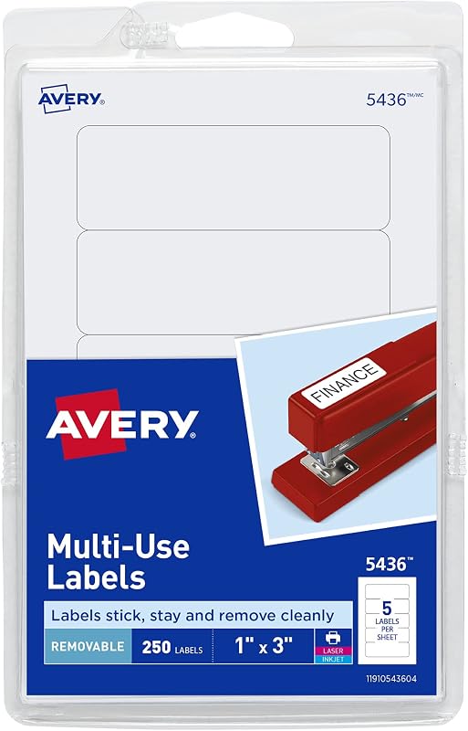 Avery® Multi-Use Removable Labels, 1" x 3", Print or Write ID Labels, White, 250 Total (05436)