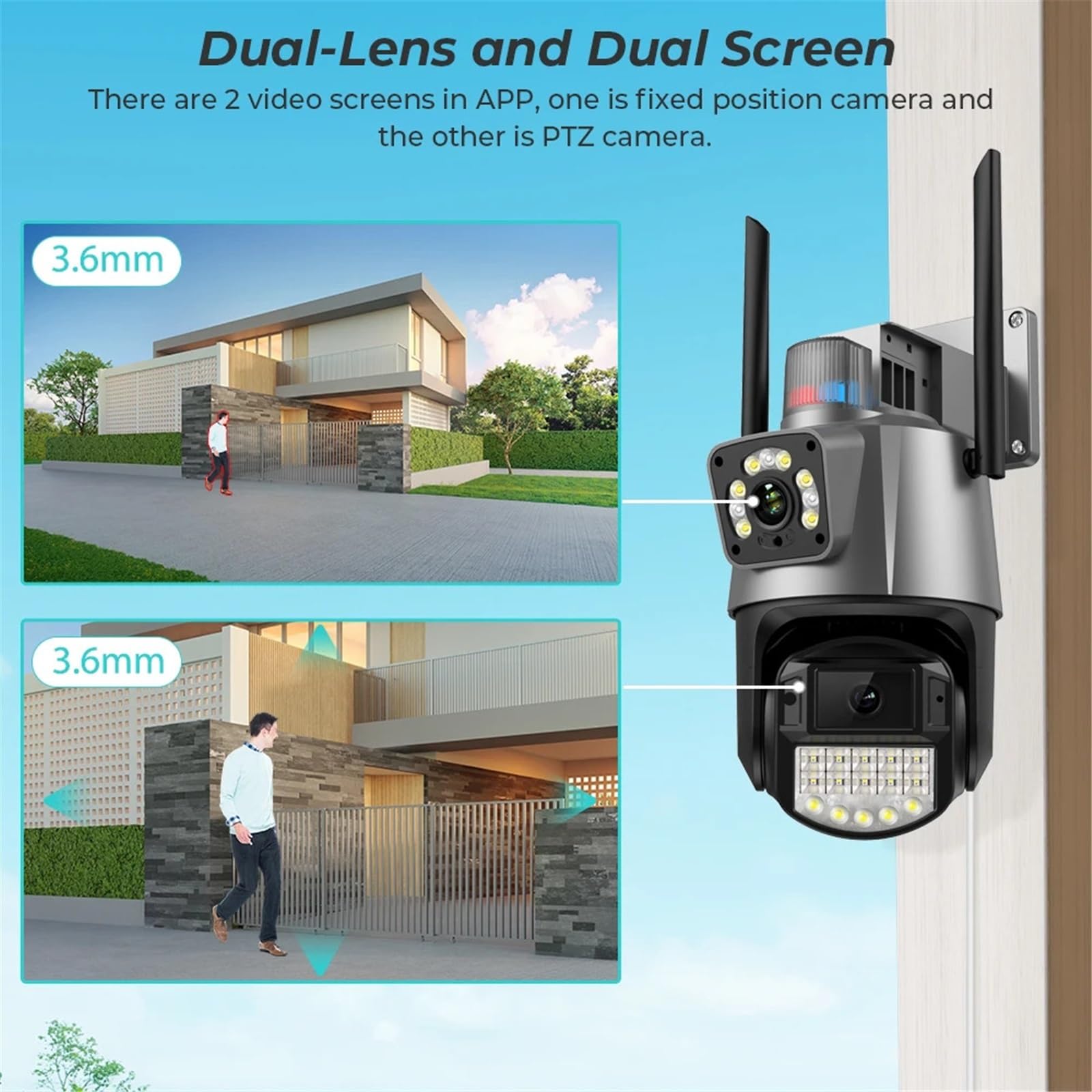 Kamera IP 4MP 4K z podwójnym obiektywem, podwójnym ekranem, kolorową wizją nocną, automatycznym śledzeniem PTZ, Wi-Fi, wodoodporną kamerą CCTV Wszechstronny montaż(4MP NO SD Card)