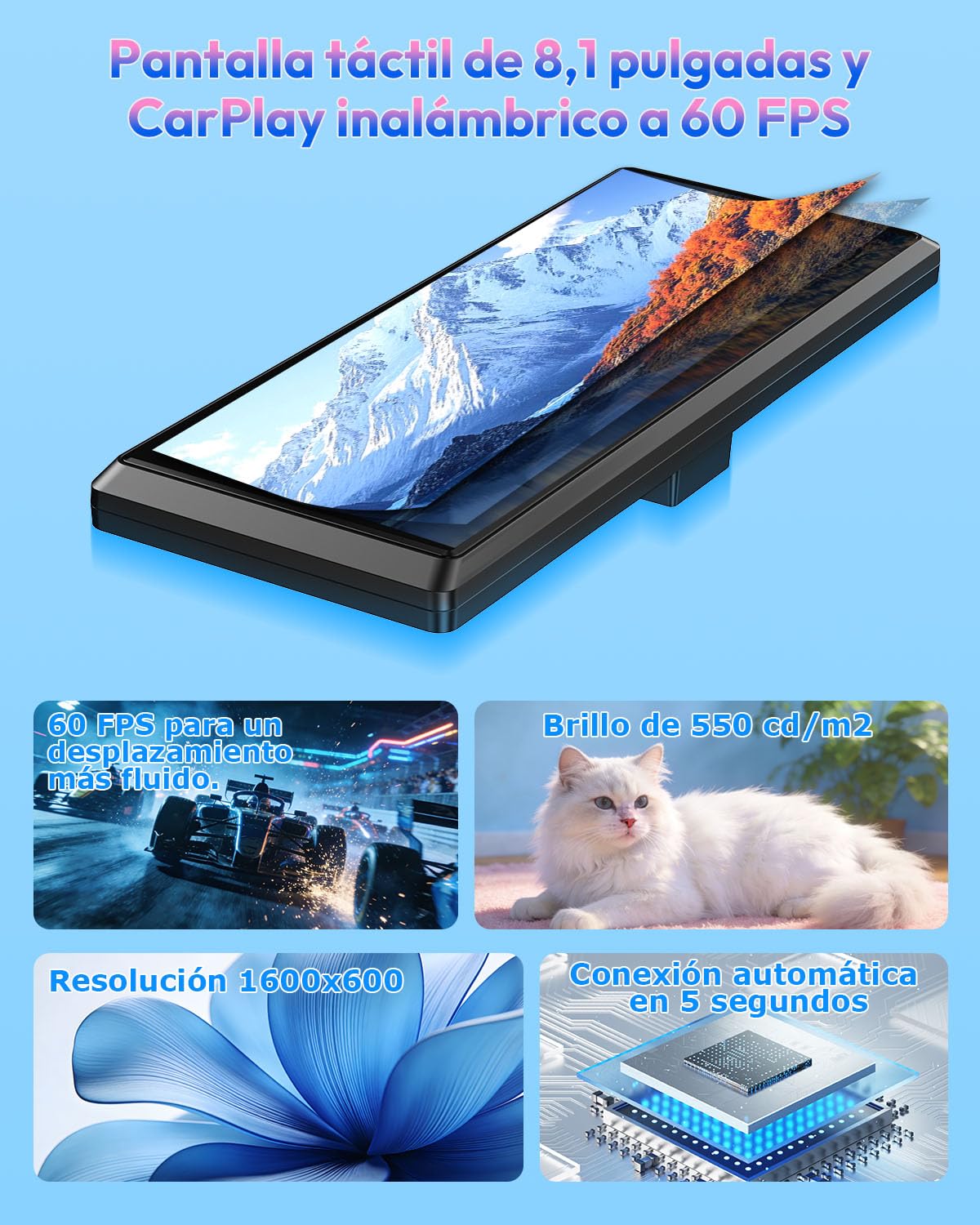 ESSGOO Pantalla Carplay Coche con Cámara Retrovisora,8 Pulgadas Apple Car Play Android Auto Inalámbrico,Pantalla Táctil Portátil Radio Coche con Bluetooth,Airplay,Mirror Link,FM,AUX,Siri,Navegación