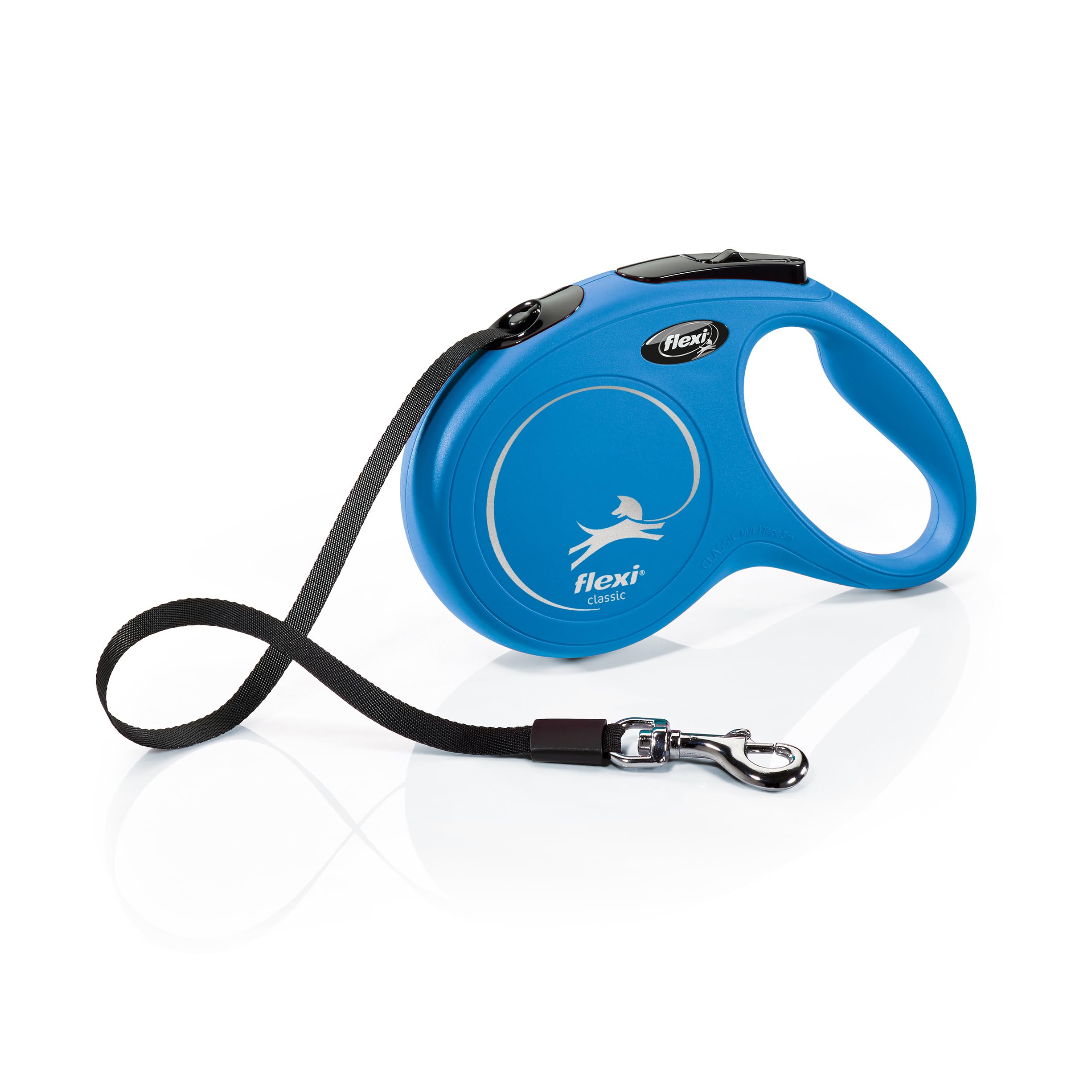 flexi® Classic M | 5 m retractable tape leash for dogs up to 25 kg | Blue | retractable dog lead | Weight: 280 g | Dimensions: 11.6 x 18.8 cm