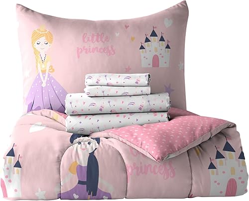 Miniatura 6 de Dream Factory Juego de cama completo de 7 piezas para niños, de microfibra súper suave, fácil de lavar, tamaño matrimonial, princesa rosa