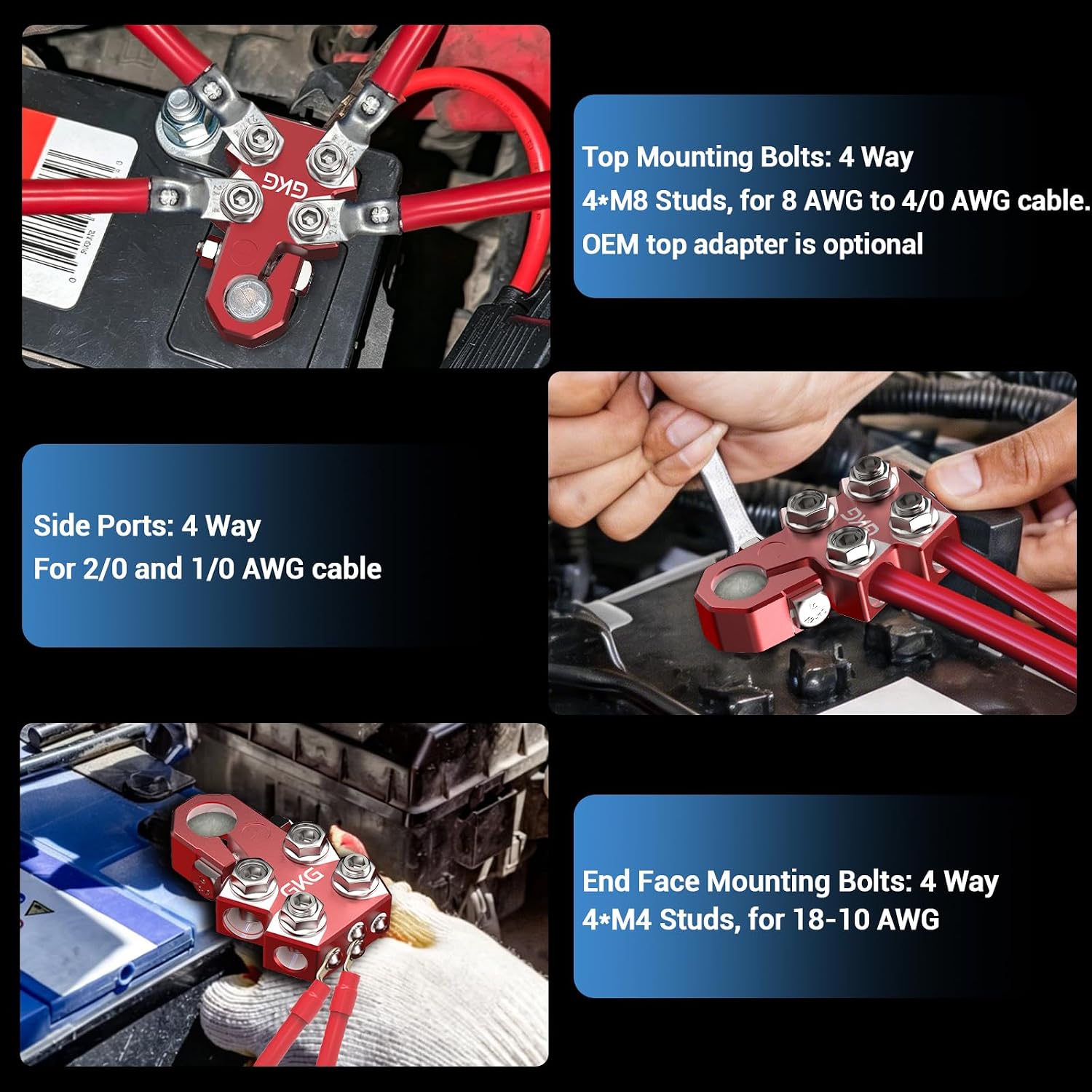 GKG 2 Pcs Lead Acid Battery Terminal Connectors, 12 Way Battery Terminal Clamps with OEM Top Post Adapter, 18AWG up to 1/0 AWG Gauge, Positive and Negative Set for SAE/DIN/EN Standard Tapered Top Post
