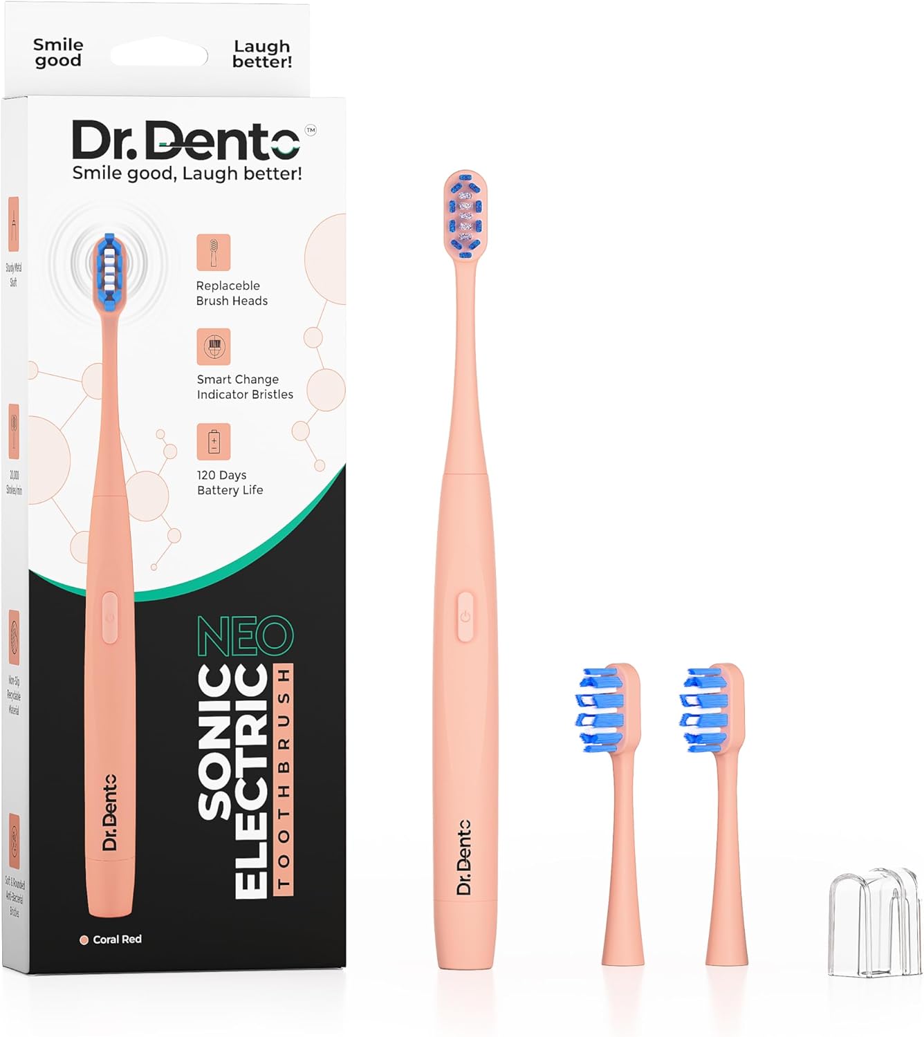 Neo Sonic Electric Toothbrush AAA Powered 120 Days Battery Life Ultra Soft Dupont and Vibrating Bristles for Unisex Adults 2 Brush Heads & 1 Brush Head Cover (Coral Red)