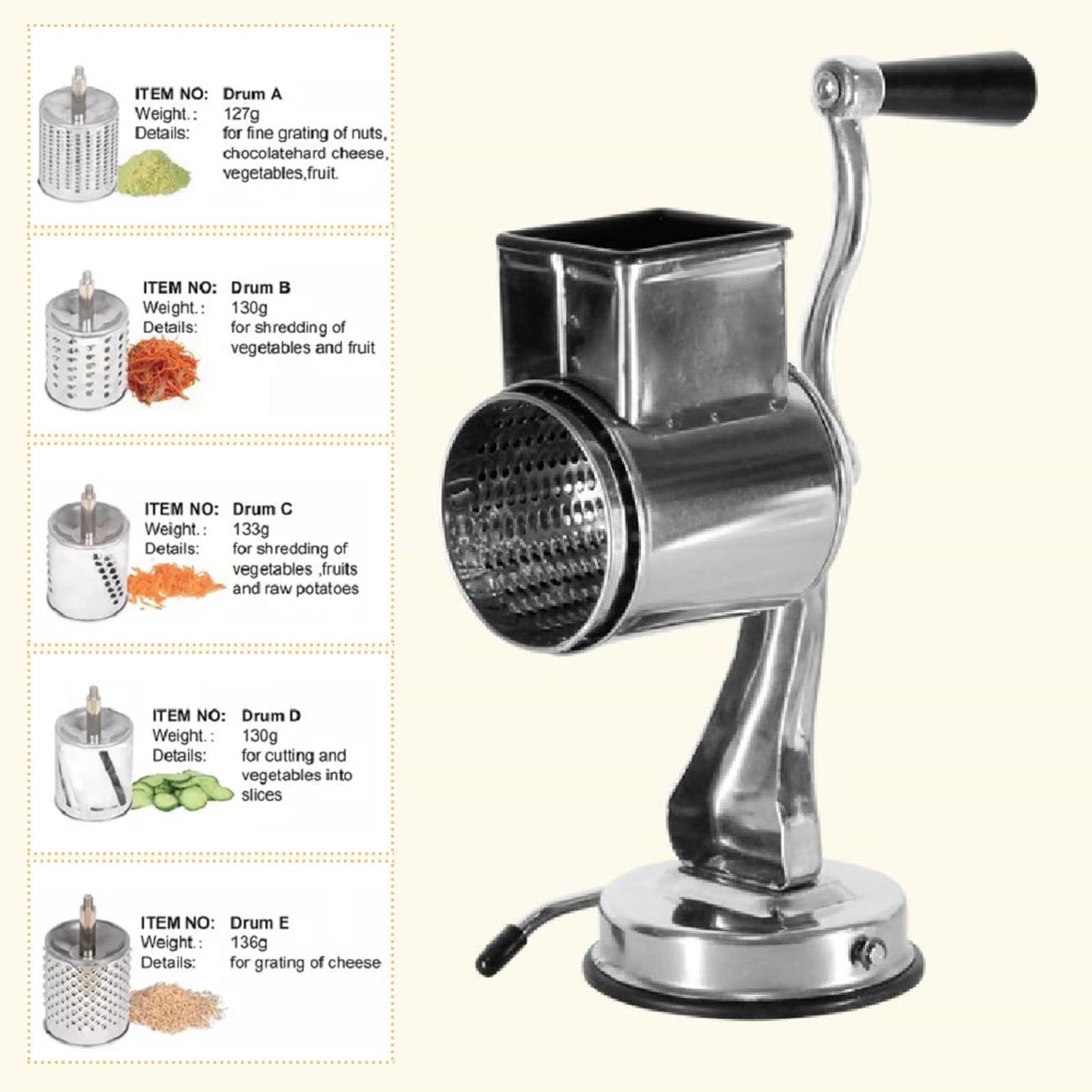 Rallador De Queso De Acero Inoxidable con Manivela - Rallador De Tambor Giratorio De Metal para Cocina, Rallador De Patatas Manual Multifuncional con Base De Succión