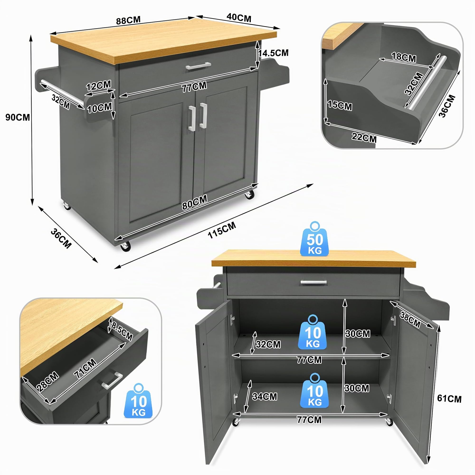 UISEBRT Carrello da cucina con piano di lavoro in legno, mobile da cucina su ruote con cassetto e ripiano, grigio