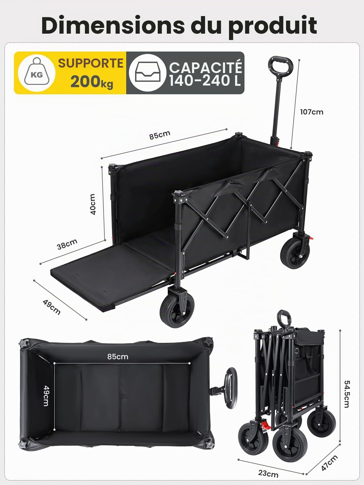 YEAUPE PRO Chariot Pliable Hayon 240L 200KG, Roues Tout-Terrain 17x6 cm