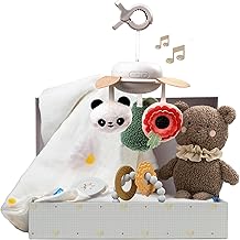 Taf Toys Baby Shower Gifts - Cotton Bamboo Swaddle, Take Along Musical Mobile, Bear snugle Toy & Silicon Teether Ring, Baby Gift Set, New Welcome Baby Gift, Newborn Baby Boy & Girl Gifts