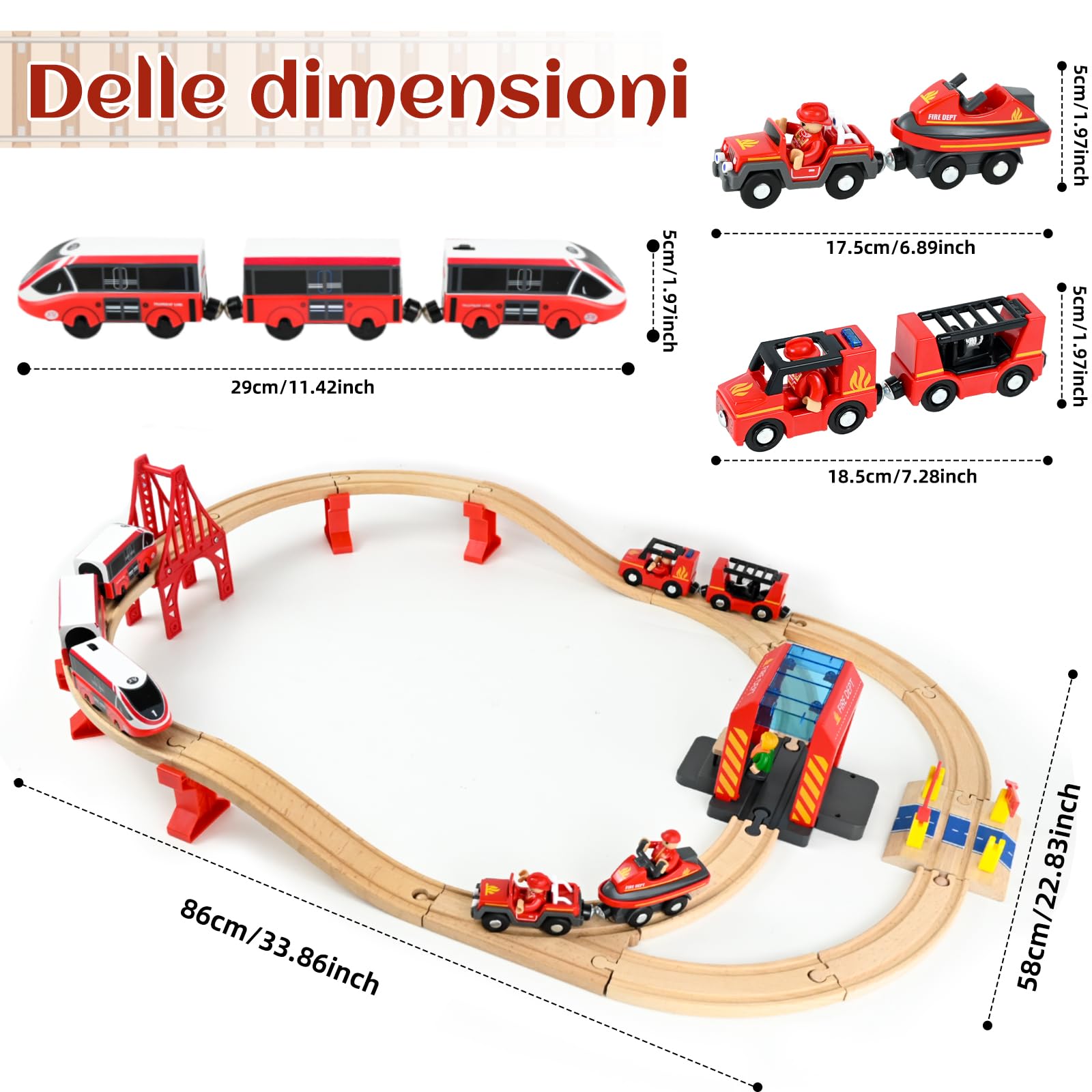 Ulikey Set di 58 Pezzi Binari Trenino Legno con Locomotiva Trenino Elettrico e Autopompa, Giocattoli Treno Elettrico Regali di Compleanno e di Natale per Bambini, Compatibile con le Principali Marche