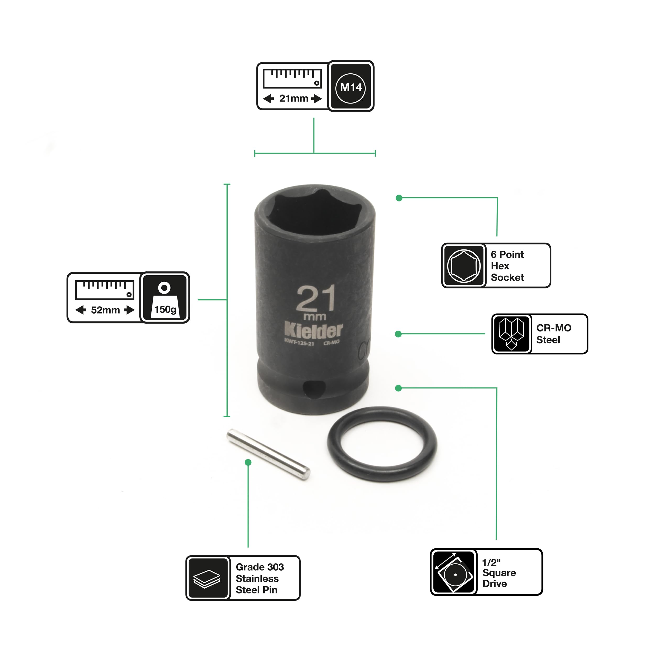Kielder KWT-125-PO5 1/2" Mid-Size 21mm Scaffolding Impact Sockets (52mm Long) with Pin & O-Ring (5 Pack) - Image 2