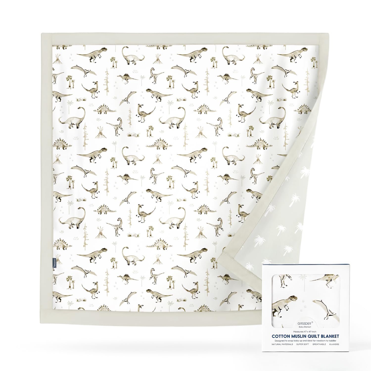 GRSSDER Cotton Muslin Quilt Blanket - Silky Soft and Breathable Baby Blanket Quilt, Oversized Muslin Blankets for Newborns, Toddlers &amp; Kids, 6 Layers Reversible Design for All Seasons, 47" x 47"