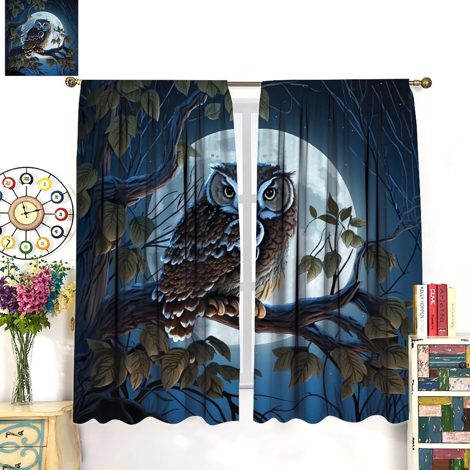 Abstract Woodland Owl Blackout Curtains for Bedroom, Watercolor Forest Night Owl Full Moon Rod Pocket Thermal Insulated Room Darkening Curtains Window Drapes 2 Panels 54" L x 21" W