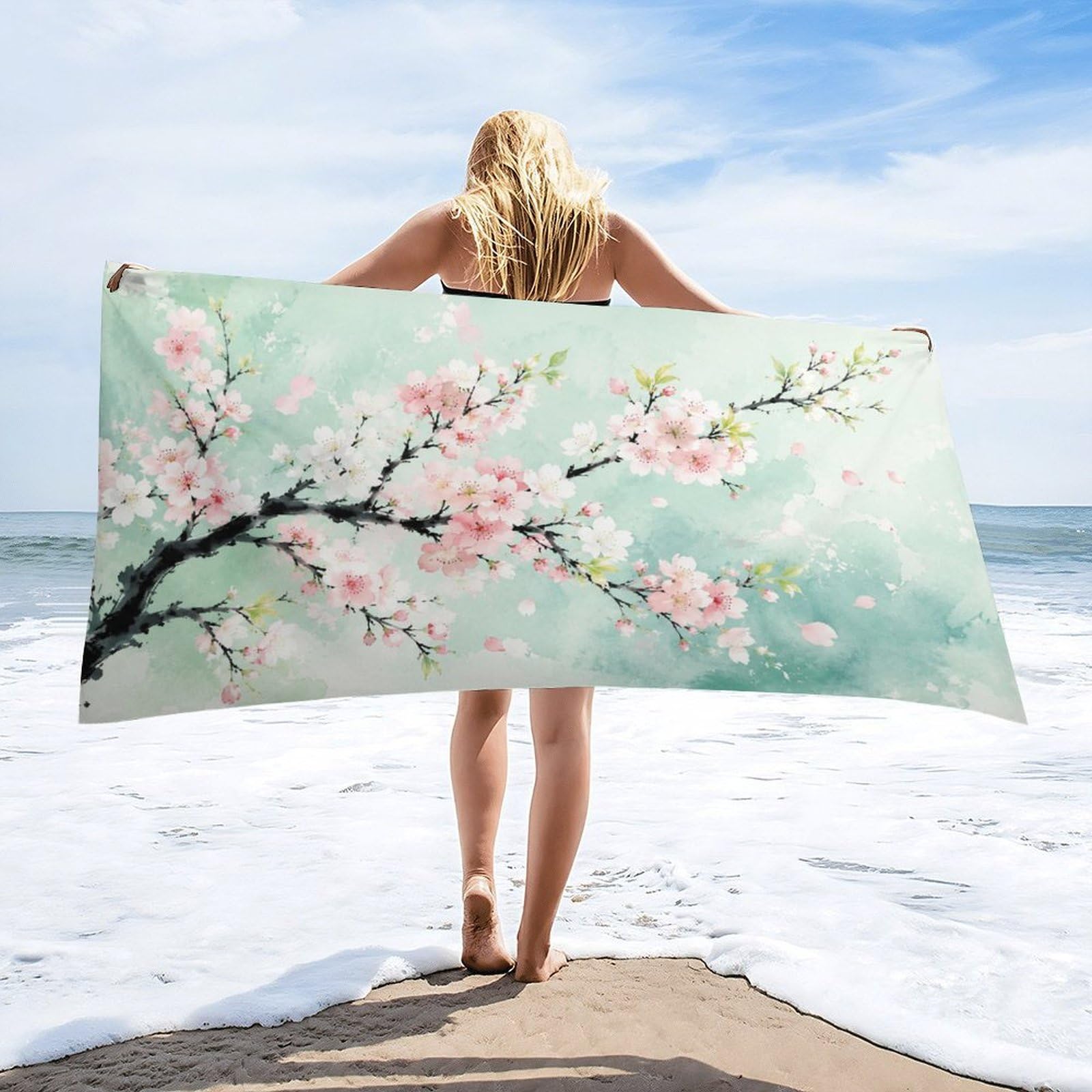 Anceky Cherry Blossom Branch Watercolor Beach Towel 32"×63",Soft Microfiber Bath Towel Shawl, Quick Dry Absorbent Pool Spa Gym Shower Towel