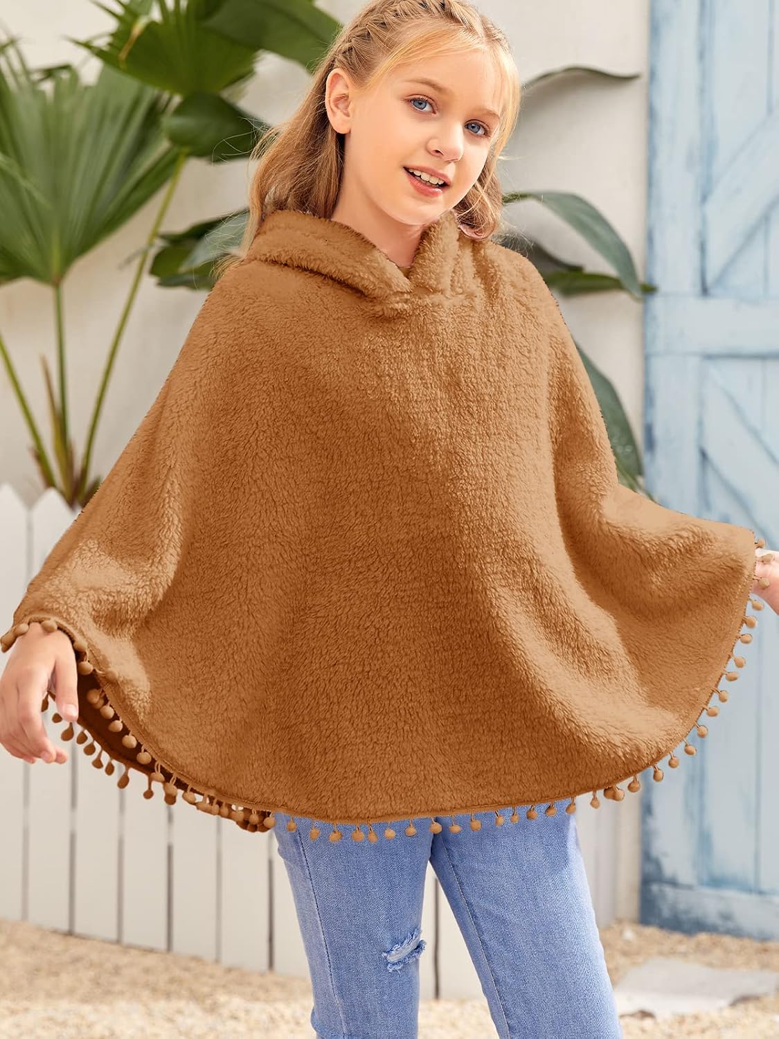Inorin Kids Girls Sherpa Fleece Pullover Hoodies Pompom Tassel Fuzzy Coat Poncho Cloak Hooded Cape