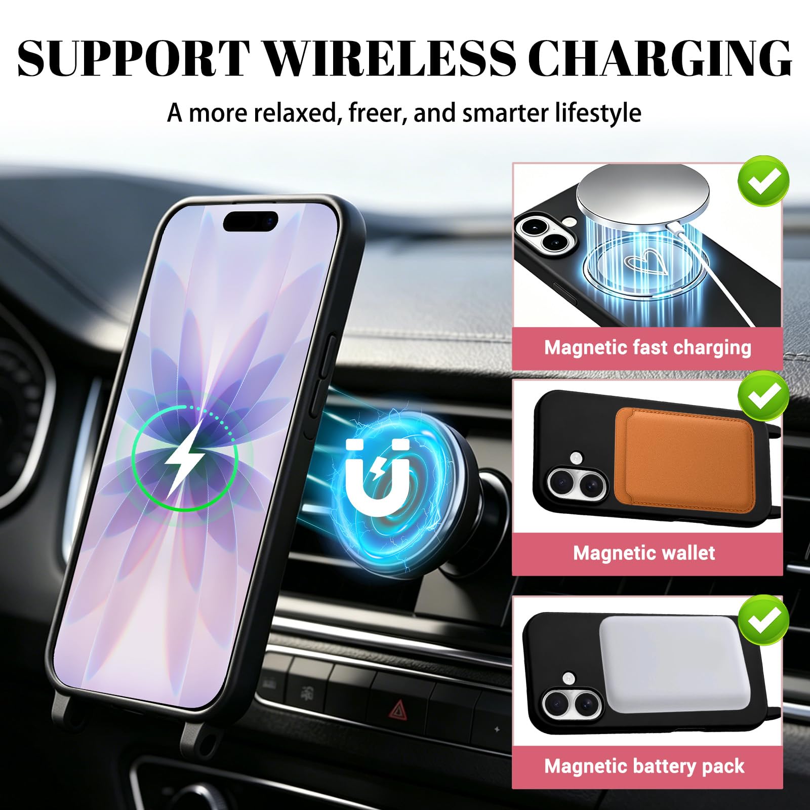 CaseLover Magnetyczne etui kompatybilne z iPhone 17 ze smyczą, sznurowane etui regulowany miękki TPU silikon etui z motywem serca odporne na wstrząsy etui ochronne na iPhone 17 6,3 cala, czarne