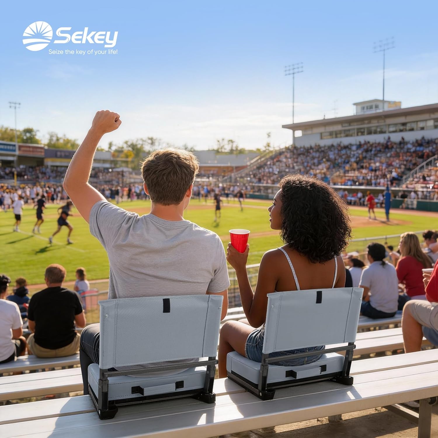 Sekey Stadium Seats with Back Support, Thick Padded Portable Bleacher Seat with Handle, Bleacher Chairs with Back and Cushion for Football Baseball Events 2pcs-Grey