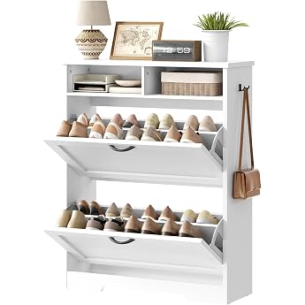 HOOBRO EWT22SC01 Shoe Cabinet with 2 Flaps Shoe Cabinet with Hooks Shoe Rack Adjustable Shelves and 2 Open Compartments Shoe Rack for Hallway 24 x 80 x 100 cm White and Black