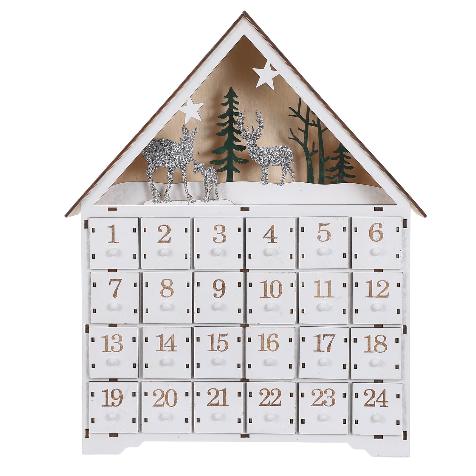 Calendario de Adviento de Madera con Luces LED y Reutilizables Decoración Navideña con Diseño de Casa y Reno para Almacenamiento y Regresiva