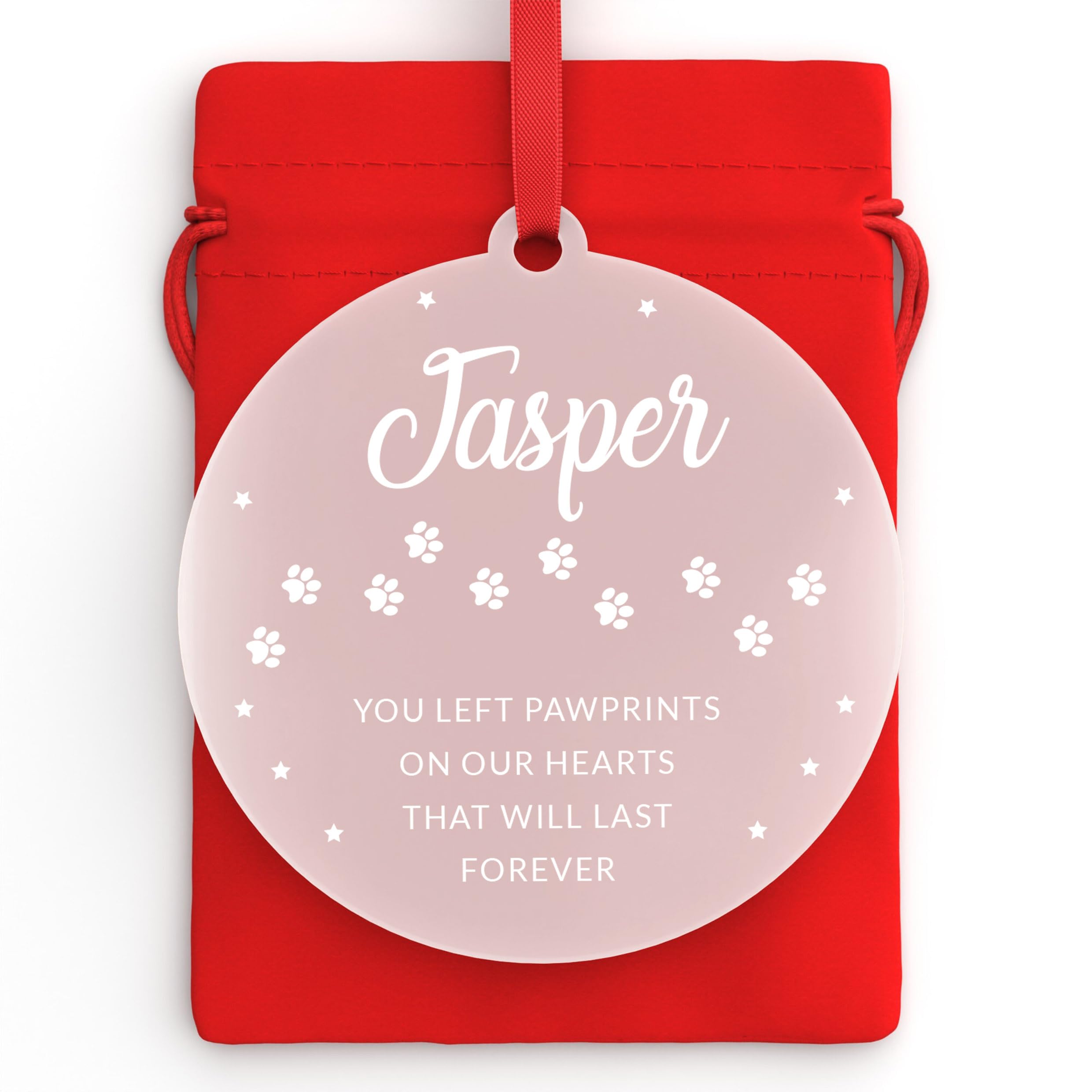 Beecreative Personalised Dog Memorial Christmas Bauble | Pet Cat Dog Remembrance Christmas Decoration | You Left Pawprints On Our Hearts | With Red Bag
