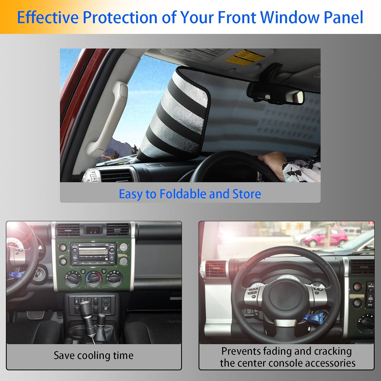 Windshield Sunshade Fit for Toyota FJ Cruiser 2007-2021, Folding Car Sun Shade for Front Window, Auto Sun Protection Visors Blocks UV Rays and Keeps Vehicle Cool, 1PC, American Flag Pattern