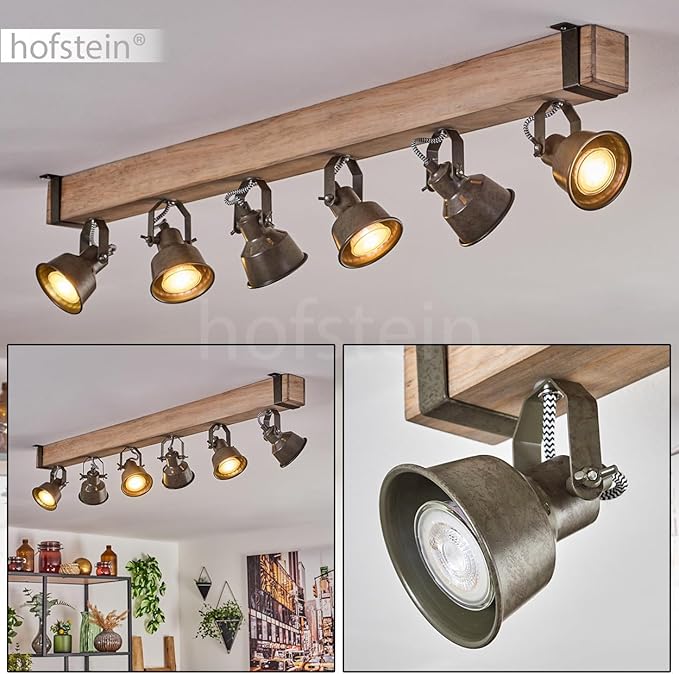 hofstein HOFSTEIN Plafondlamp Pehefito, moderne plafondlamp van metaal/hout in zwart/natuur/groen-grijs, plafondlamp in industrieel design met verstelbare schermen, 6 lampen, 6 x GU10 zonder lampen photo 2