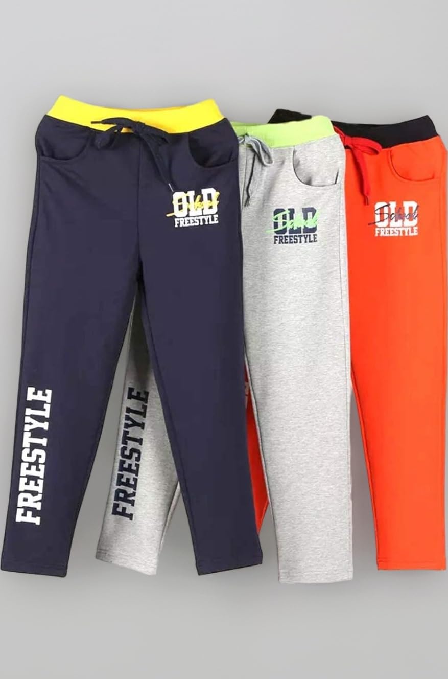 KYDA KIDSยฎ Boys 100% Cotton Printed Track Pants | Regular Fit Elastic Waist with Drawstring | Kids Casual Trousers Multicolor Combo (Pack of 3)
