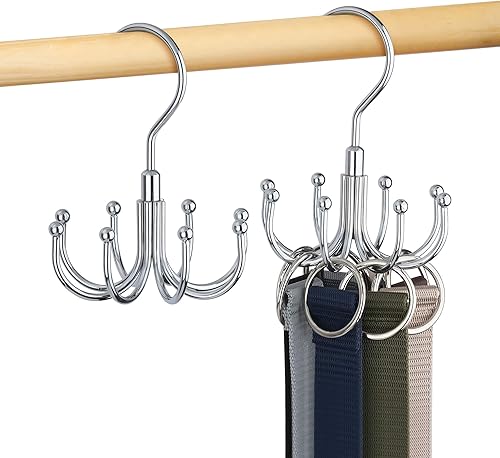 Miniatura 7 de OMHOMETY Percha para cinturón, paquete de 2 organizadores giratorios para cinturón para armario, estante de accesorios, soporte colgante que ahorra