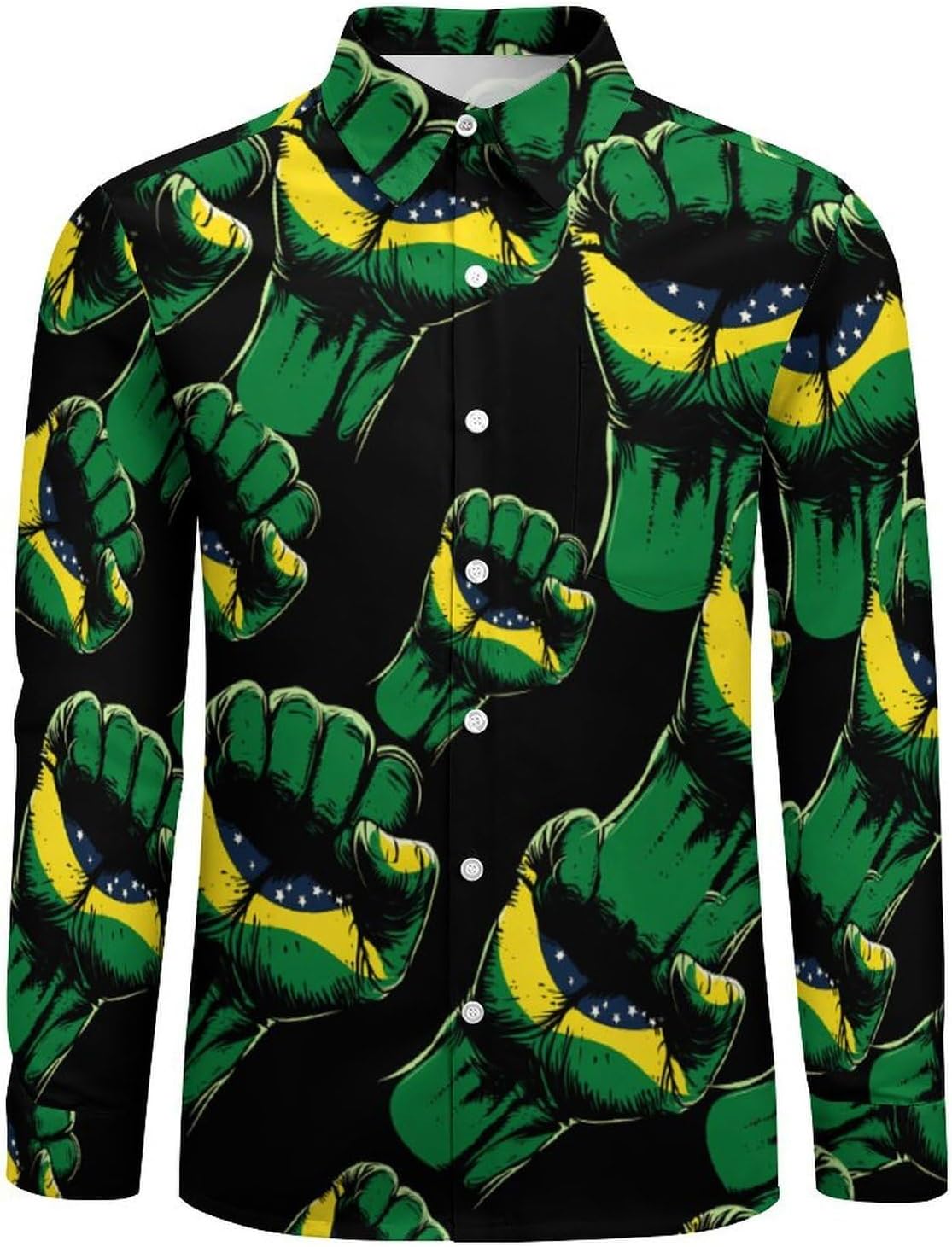 Brazil Flag Resist Long Sleeve Shirts Casual Dress Shirt Button-down T-shirts for Men