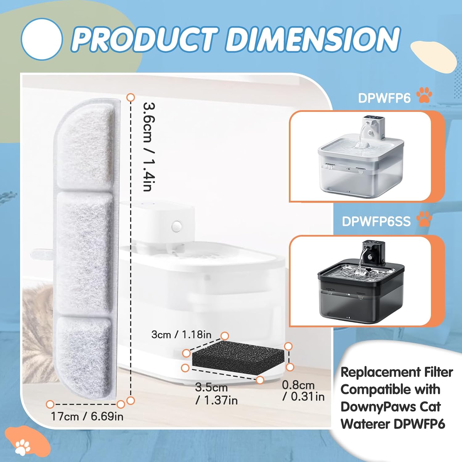 12Packs Replacement Filters Compatible with Downy Paws Cat Water Fountain - Triple Filtration Filters for DownyPaws 84oz/2.5L Wireless Pet Fountain DPWFP6 (12 Filters & 12 Sponges) image 2