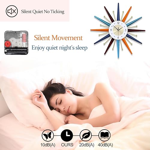 Miniatura 4 de Reloj de pared grande de mediados de siglo de 22 pulgadas, silencioso y colorido arte moderno 3D Starburst reloj para sala de estar, dormitorio,