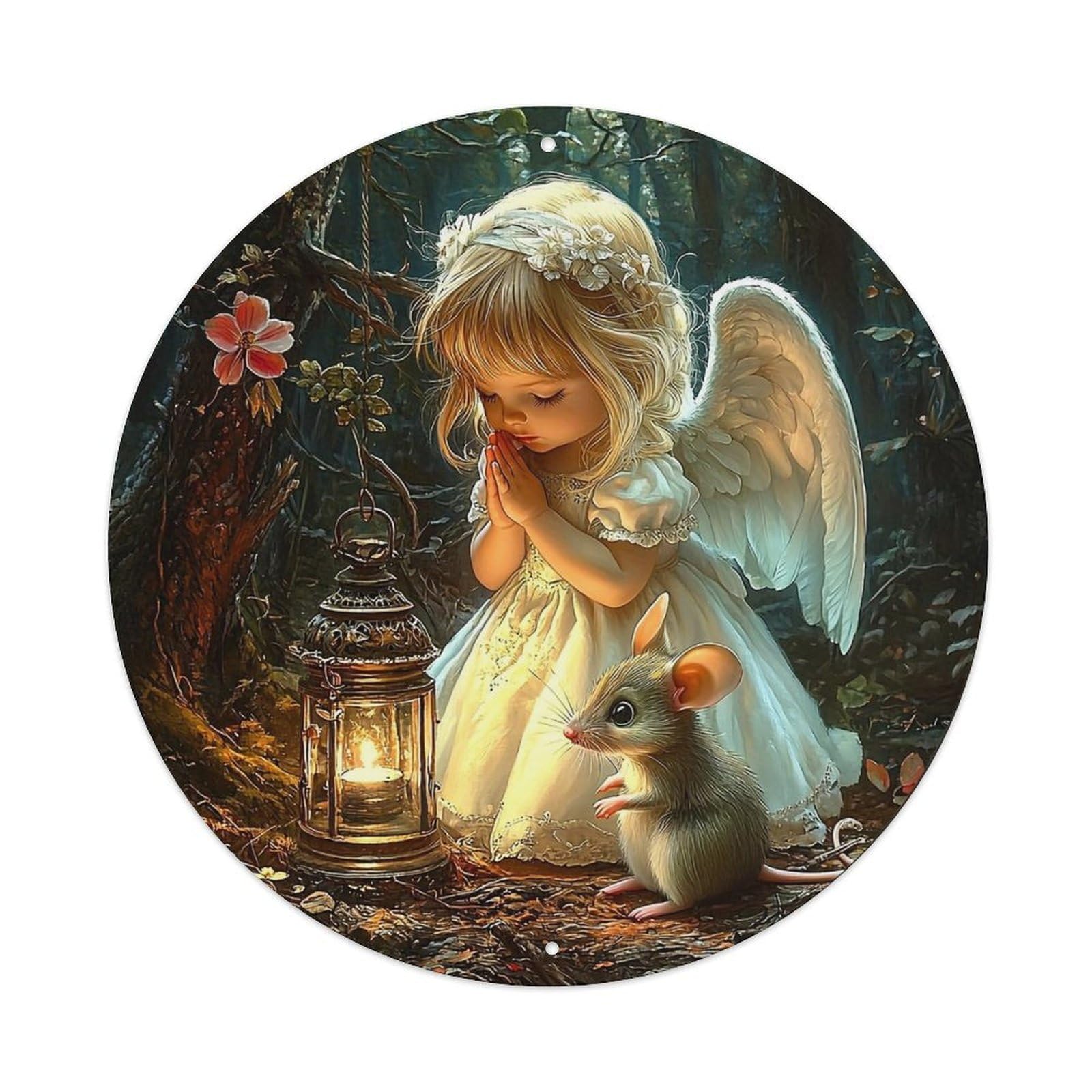 Angel Girl Mouse Lantern Forest Metal Tin Sign Plaque