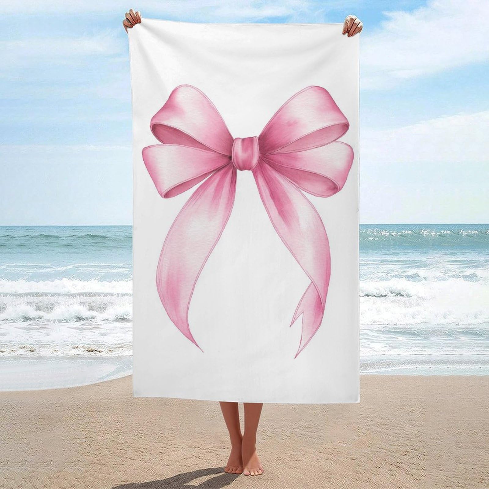 asbwuo Watercolor Pink Ribbon Bow Beach Towel