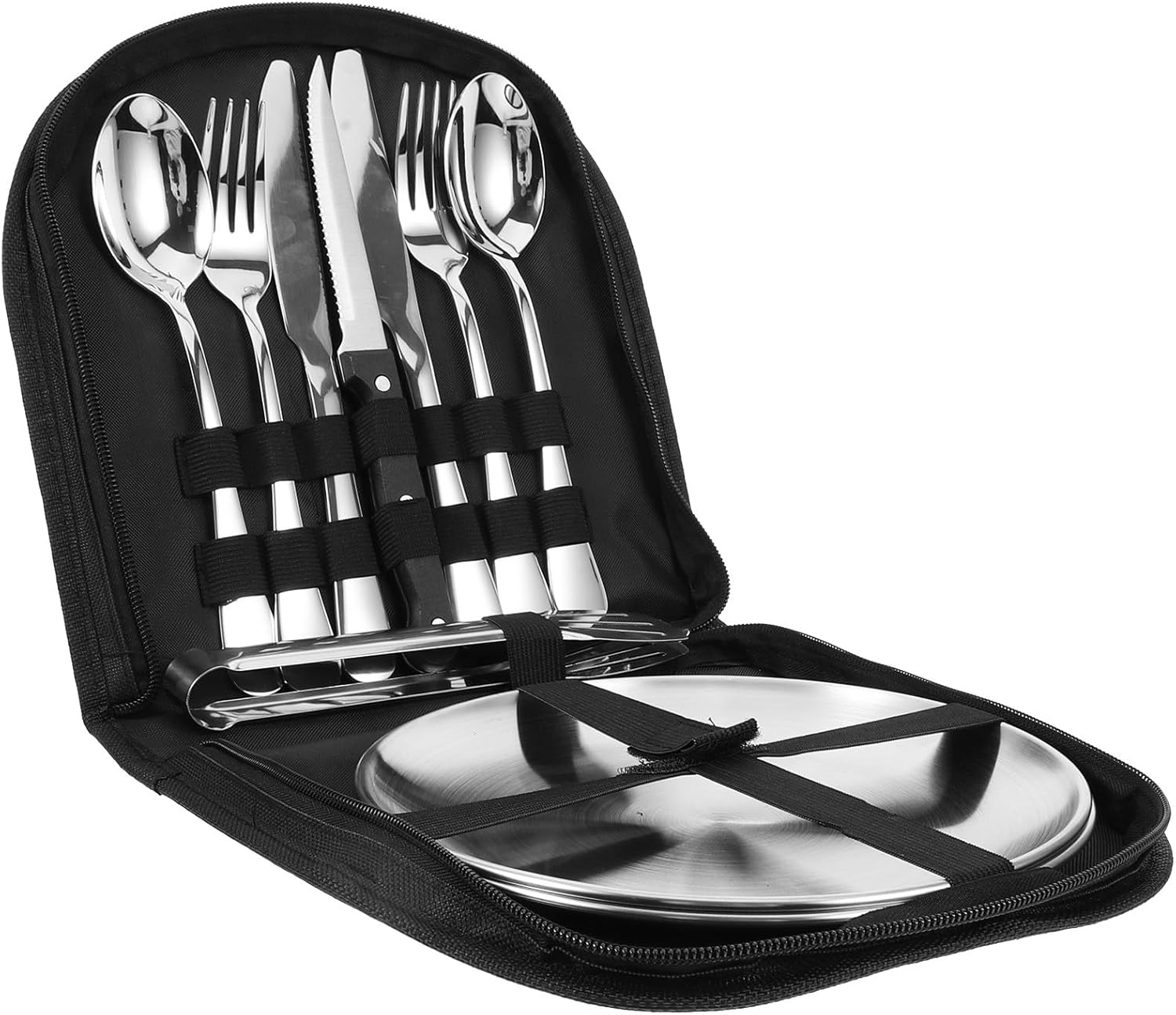 Alipis 10pcs Stainless Steel Outdoor Camping Cutlery Set with Travel Case, Portable Picnic Flatware Kit for Two, Reusable Tableware for Hiking and Travel