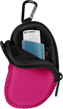 MEDMAX Neoprene Asthma Inhaler Holder, Protective Portable Travel Handy Holster, Lightweight Carrying Case with Carabiner Clip and Mesh Pocket Inside, Inhaler Not Included Case Only Magenta