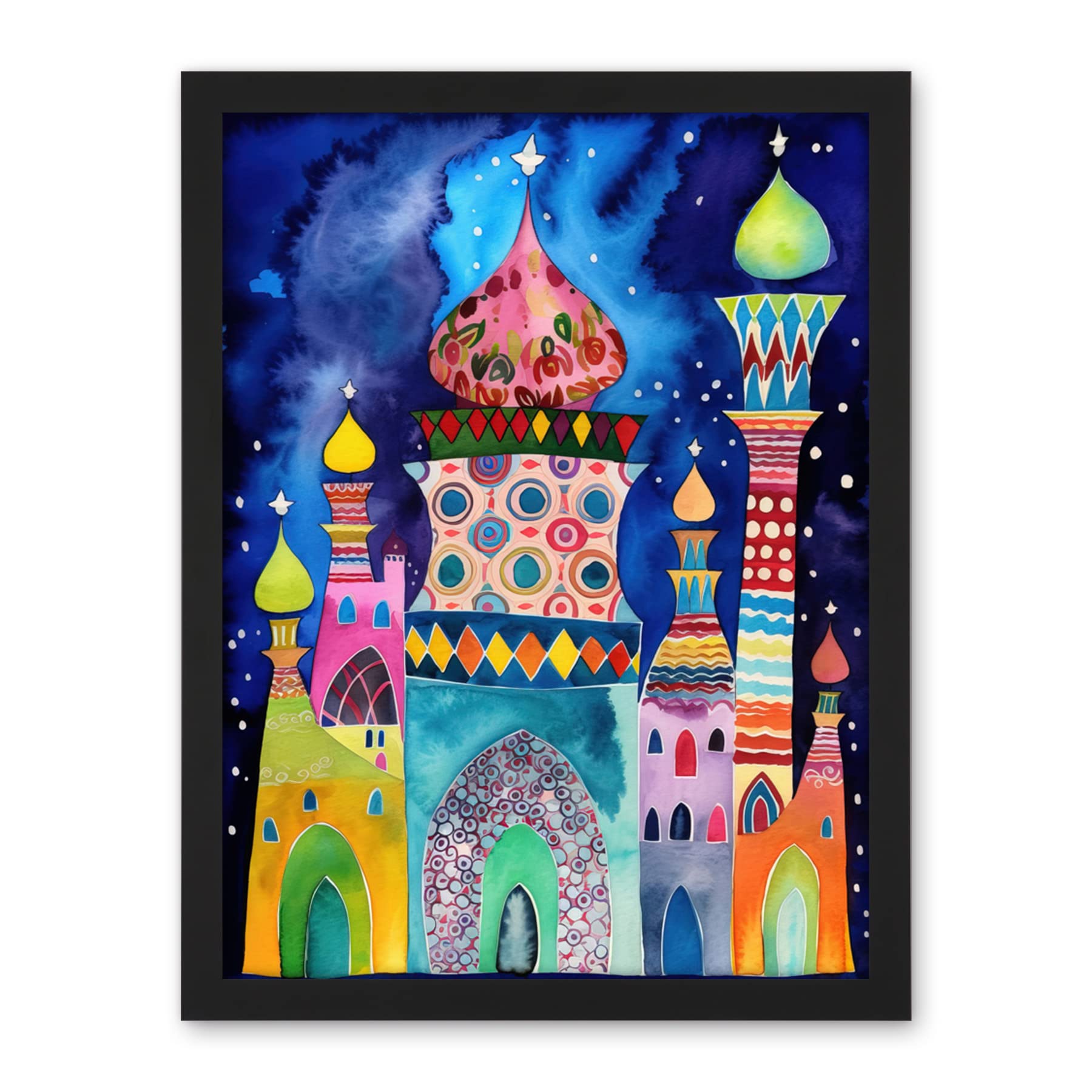 Artery8 Mosque At Midnight Folk Art Artwork Framed Wall Art Print 18X24 Inch