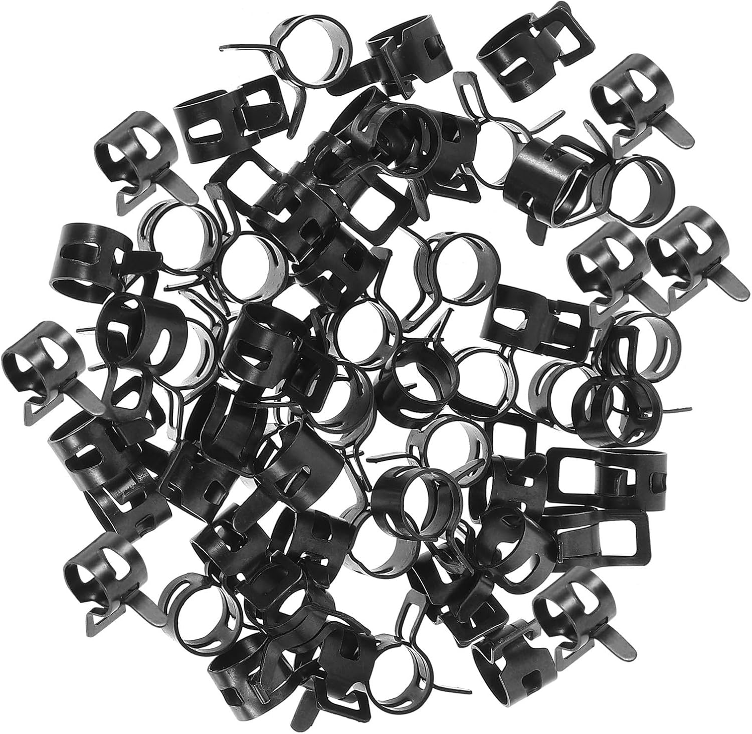 SECFOU 100pcs Black Spring Band Hose Clamps Made of Sturdy Manganese Steel for Secure Fastening on Hoses and Cooling Circular Shape with Wide Compatibility for Automotive and Exposed