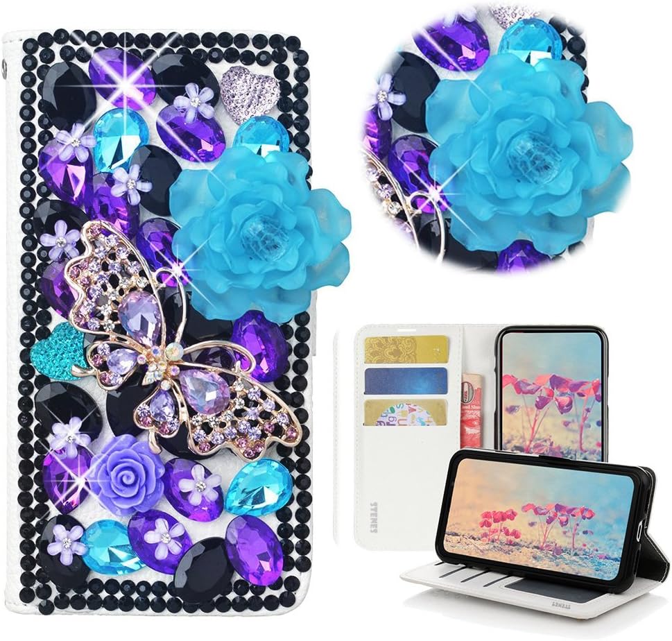 STENES Bling Case Compatible with Galaxy S10 - Stylish - 3D Handmade Crystal Rose Butterfly Flowers Magnetic Wallet Leather Cover Compatible with Samsung Galaxy S10 6.1 Inch (2019 Release) - Violet