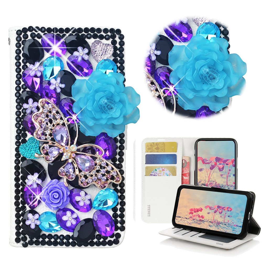 STENES Bling Case Compatible with Galaxy A10 - Stylish - 3D Handmade Crystal Rose Butterfly Flowers Magnetic Wallet Leather Cover Compatible with Samsung Galaxy M10 / Samsung Galaxy A10 - Violet