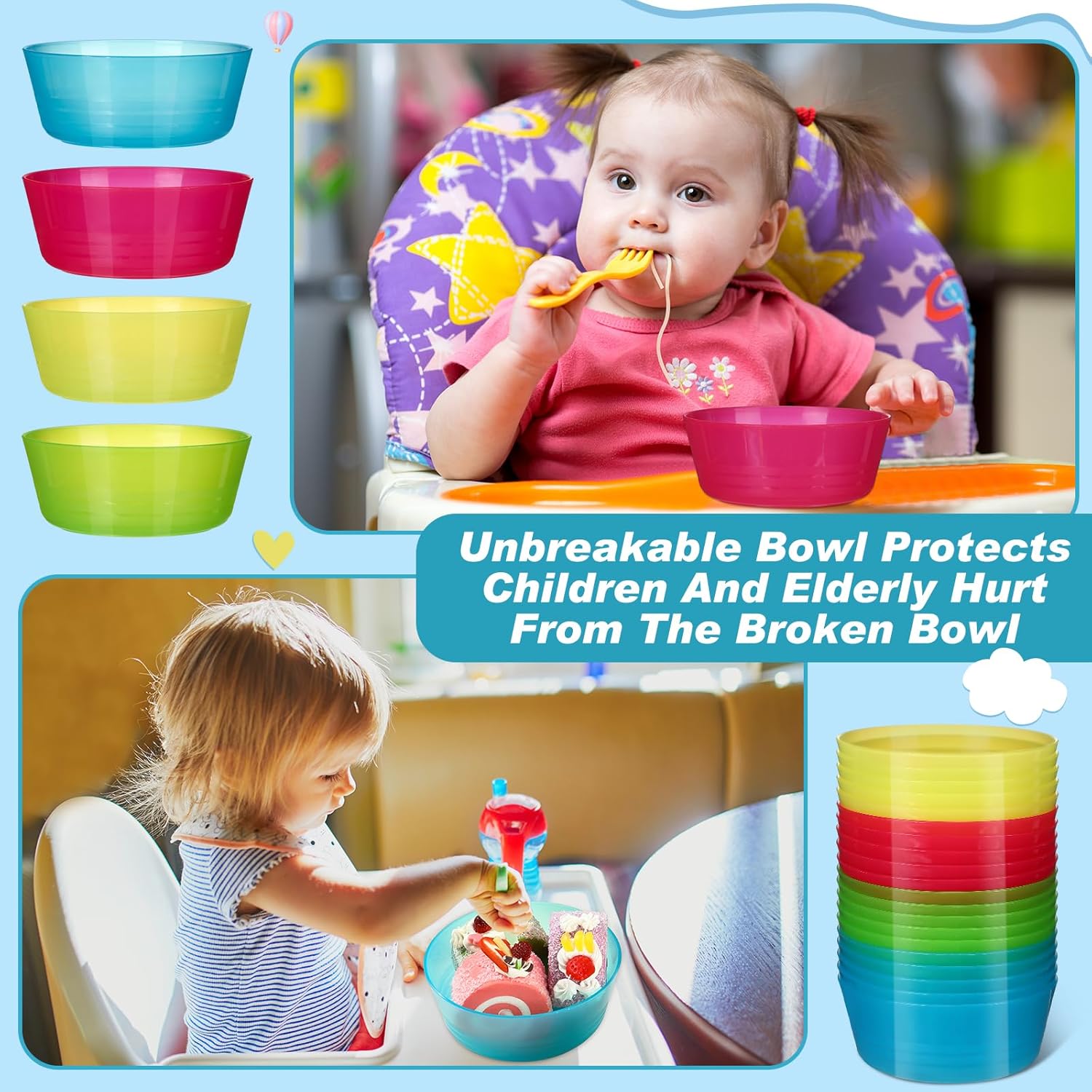 Dandat 96 Pcs Kids Plastic Bowls 14 oz Brightly Colored Small Cereal Bowls Dishwasher Microwave Safe Toddler Snack tableware for Children Dish Cereal Soup Snack, 4 Colors