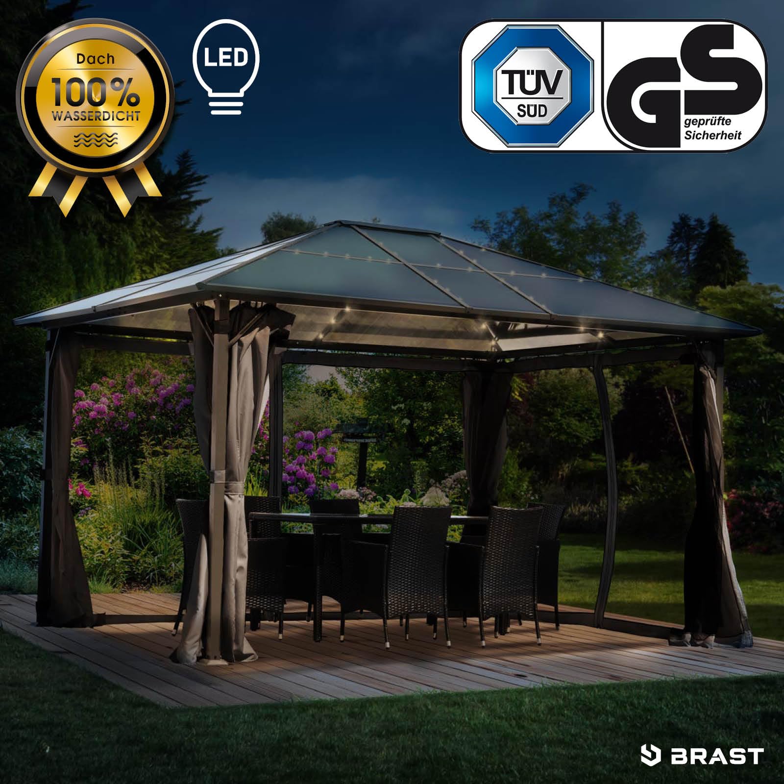 BRAST® Alu Pavillon Summerdream | viele Modelle & Farben | Größen 3x3m 3x4m | Moskitonetz + LEDs | TÜV geprüft | wasserdicht | UV-Schutz | festes Dach | 3x4m Grau LEDs