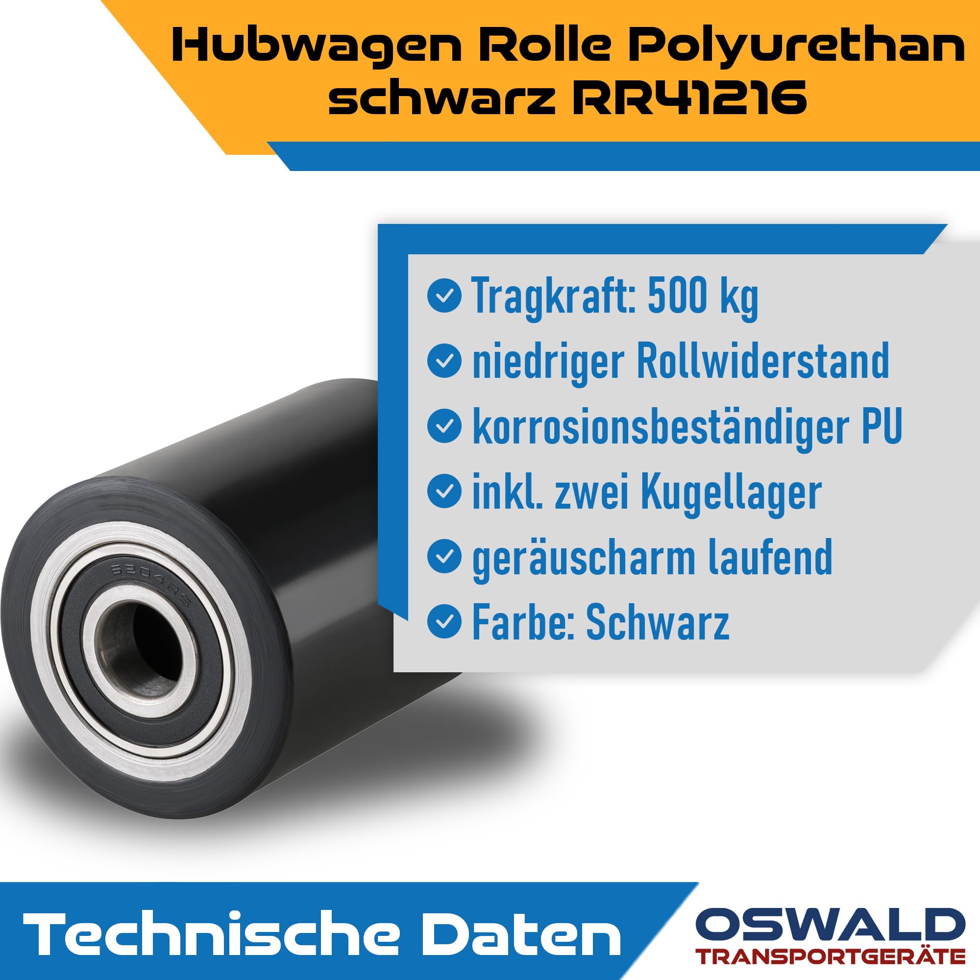 Hubwagen Rolle Polyurethan schwarz 80 x 100 mm, Achse 20 mm - Ersatzrolle inkl. Kugellager