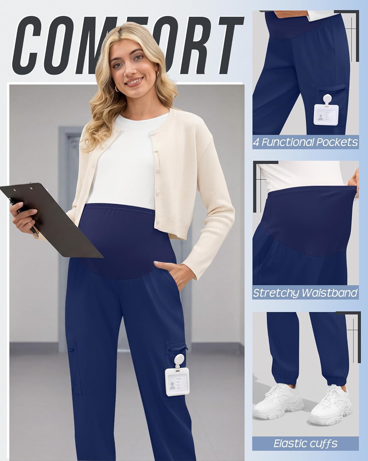 3 Pack Women's Maternity Scrub Pants, Workwear Pregnancy Jogger Pants Over Belly Yoga Sweatpants Zippered Pockets - Image 4
