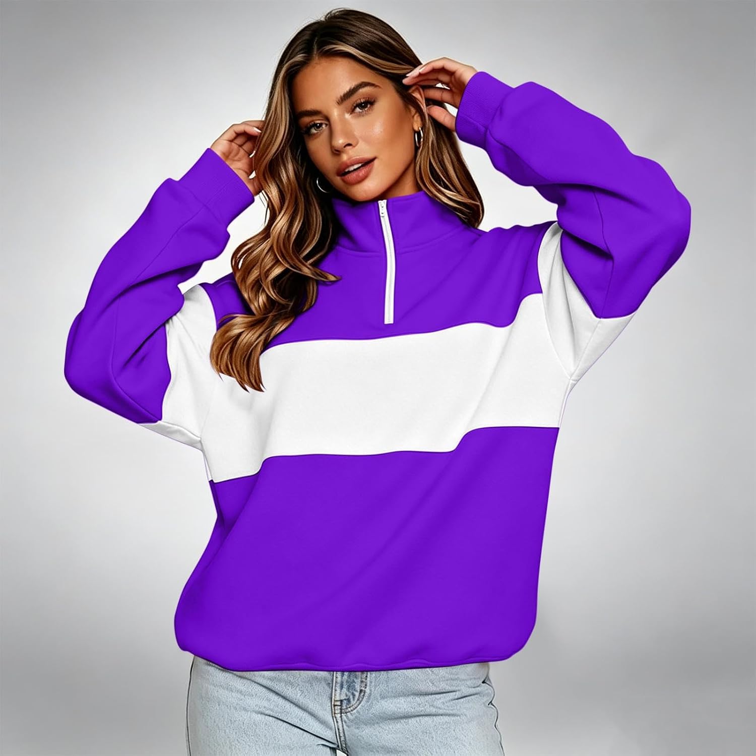 Womens Color Block Half Zip Sweatshirt Long Sleeve Stand Collar Loose Shirt Trendy Fall Winter Casual Pullover Tops