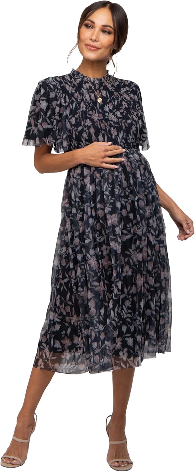 PinkBlush Floral Smocked Mesh Knit Maternity Midi Dress
